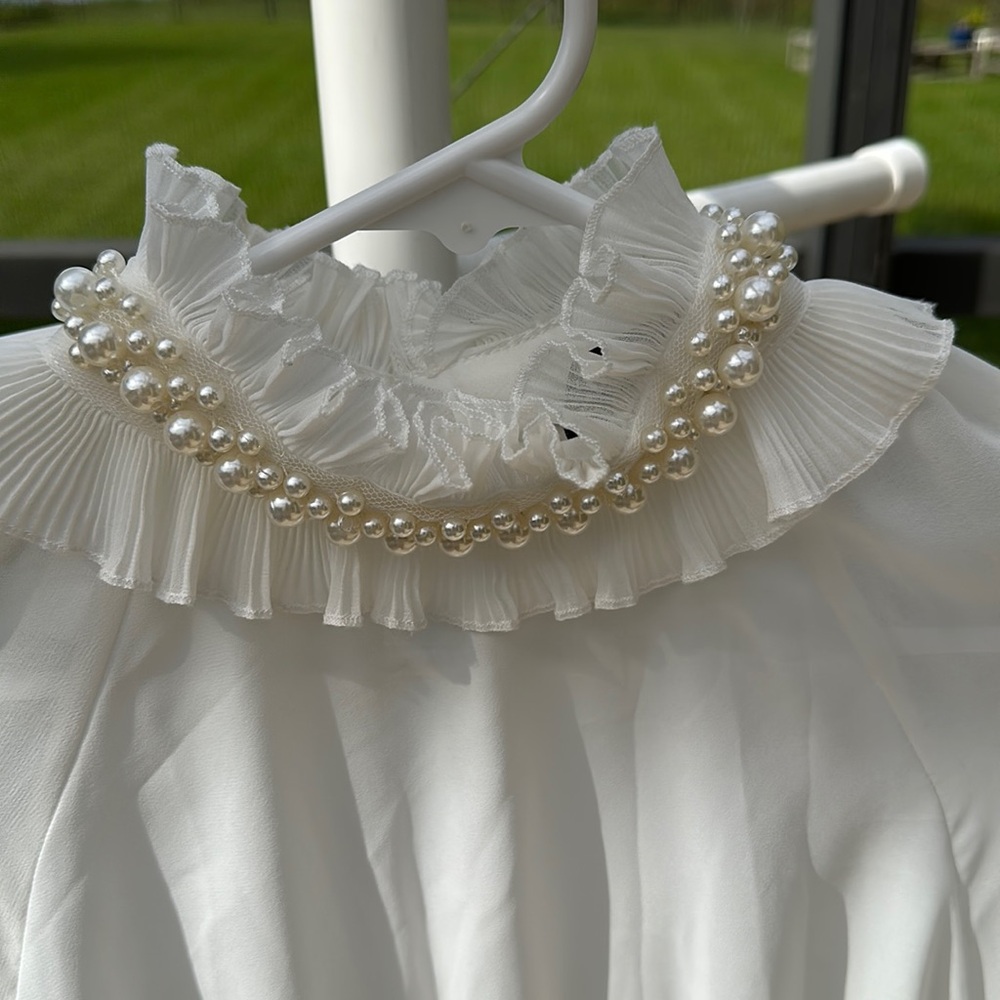 Zara Transparent crème long Sleeve blouse ruffle neck with pearl Statement - Picture 2 of 5